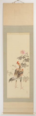 JAPANESE HANGING SCROLL KAKEJIKU ART Painting 山本梅荘 Yamamoto Baiso 軍鶏と芙蓉花