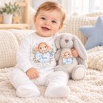 Personalised Baby Gift Set with Bunny, Sleepsuit, Bodysuit & Bib, Pink or Blue