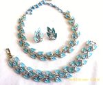 RARE VTG CORO BABY BLUE ENAMEL LEAF NECKLACE BRACELET EARRINGS PARURE