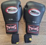 Twins Special 12oz Boxing Gloves Black Genuine Leather Muay Thai + Wraps