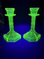 Vintage pair of matching Uranium Glass 2 Candlesticks UV Mint Condition