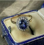 Vintage 3 Ct Oval Cut Blue Sapphire Diamond Halo Ring 14K Yellow Gold Finish