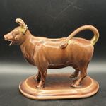 Antique Pottery/Ceramic Cow Creamer-Brown Glazed With Gilt-No Lid-12 cm High