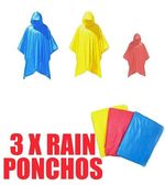 3PC HOODED RAIN PONCHO PONCHOS WATERPROOF COAT DISPOSABLE FAMILY PACK kids adult