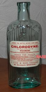 POISONOUS NTBT OVAL NARCOTIC CHLORODYNE MORPHINE J.COX CHEMISTS GRANTHAM LABEL