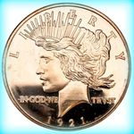 1 oz .999 Fine Copper Round - Classic 1921 Peace Dollar Design