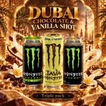 MONSTER ENERGY DUBAI CHOCOLATE FLAVOR DRINK 16 FL.OZ CANS Vanilla Shot 3 Pack