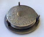 Vintage Set Of 4 SILVER PLATED EMBOSSED FLORAL DRINKS COASTERS In Holder Bar