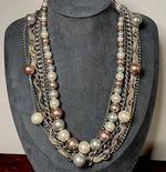 Vintage 1950's Silver Tone 7-Strand Chains Faux Pearls Ribbon Necklace NICE