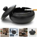 BLACK CERAMIC ASHTRAY DESKTOP SMOKING CIGARETTE WITH LID FOR HOME INDOOR OUTDOOR
