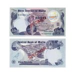 5 OLD MALTESE LIRA (POUNDS) 1979 MALTA SPECIMEN NOTE BANKNOTE A-UNC PRE - EURO