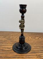 ANTIQUE EARLY OAK GOTHIC CANDLESTICK WITH BRASS LINCOLN IMP GOBLIN FIGURE