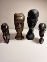 Assorted Vintage Wooden Carved African Heads Figurines X 4 Various Sizes