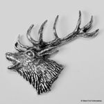 Red Deer Stag Head Pewter Pin Brooch -British Artisan Signed- Antler Hunting 