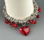 Vintage Glass Hearts Charm Bracelet Faceted Red Silver Tone Stretchy 