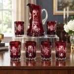 Vintage Nachtmann Bohemian ruby red cut-to-clear 9” pitcher and six 4” tumblers