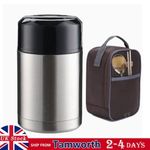 800ml Hot Food/Soup Thermos Flask Stainless Steel Vacuum Insulated Jar Spoon Bag