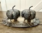 Antique Handmade Mexico Silver Salt & Pepper Shakers With Tray