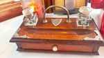 Antique Oak Wooden Double Inkwell Pen Stand And Drawer & Replacement Ink Wells