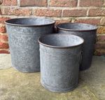 Set of Three Round Zinc Planters – Vintage Galvanised Metal Garden Plant Pots