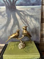 Vtg Brass Birds on Branch Sculpture Figure Cardinal Jay Male Female 6 3/4" MCM