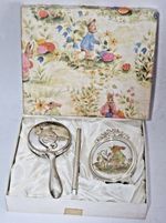BOXED VINTAGE CHILDS SET - SILVER PLATED BUNNYKINS PETER RABBIT BRUSH COMB PHOTO