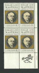 Vintage Unused US Postage Block of 6 Cent Stamps EDGAR LEE MASTERS American Poet
