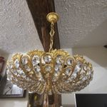 1960s Gilt Brass & Faceted Crystal Pendant Lamp