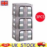 3x66L Folding Storage Box Heavy Duty Thick Fabric Steel Frame Wardrobe Organizer
