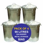 90L Galvanised Metal Bin Home Garden Rubbish Waste Dustbin Animal Storage 4pk
