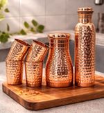 Ayurveda 100% Pure Hammered Copper Bottle/Tumblers/Pitcher Combo Set For Gifting