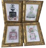 Four Gold Framed Chanel Art Designs. Very Good Condition No Box