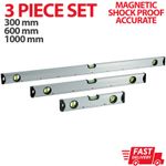 SILVER MAGNETIC 3 PIECE BUILDERS BUILDING SPIRIT LEVEL SET - 300, 600, 1000mm
