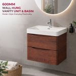 600mm Wall Hung Vanity Unit Redwood Effect Resin Basin 2 Drawer Storage
