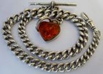 Lovely antique solid silver pocket watch albert chain & silver fob set w/ amber