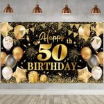 Happy 50th Birthday Banner - Black & Gold Party Decorations, 50th Backdrop Bann