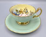 Aynsley England Bone China Teacup & Saucer Cabbage Rose Green Signed JA Bailey