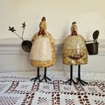 Pair 8 inch FOLKSY FARMYARD COUNTRY STYLE CERAMIC CHICKENS WITH BASKET BUCKET