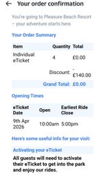 4x e Tickets Blackpool Pleasure Beach 09/04/2026