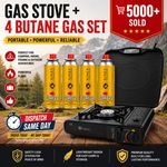4x Butane Gas + Portable Camping Outdoor Cooker Stove Single Burner BBQ Cooking