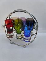 Vintage Mid Century Space Age Shot Glass Set Chrome Rack 6 Colored Glasses