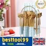24 Piece Stainless Steel Cutlery Storage Rack Set Blue Handle With Gold Border