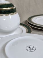 Royal Doulton Harlow Green Marble Plates & Lidded Sugar Bowl Set Gold Trim