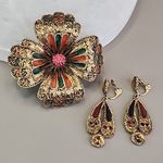 Vintage ART Flower Brooch Clip Earrings Set Enamel Gold Tone Arthur Pepper