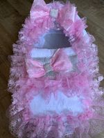 Beautiful White/Pink Dolls Moses Basket - Frilly Bling Bows Plus Stand