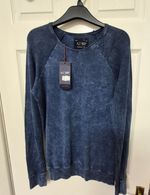 Armani Jeans Men's Blue Acid Wash Crew Neck Cotton Logo Jumper Long Sleeve S