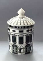 FORNASETTI STYLE LIDDED CERAMIC JAR ARCHITECTURAL PATTERN IN BLACK AND WHITE