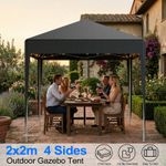 2x2 Heavy Duty Waterproof Pop Up Gazebo Black Garden Canopy Tent with 4 Sidewall