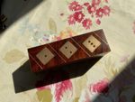 WOODEN  BRASS INLAY DICE SET OF FIVE IN MATCHING HINGED WOODEN DICE BOX