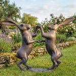 Boxing Hares Garden Sculpture Ornament - Bronze Verdigris Effect - Outdoor Decor